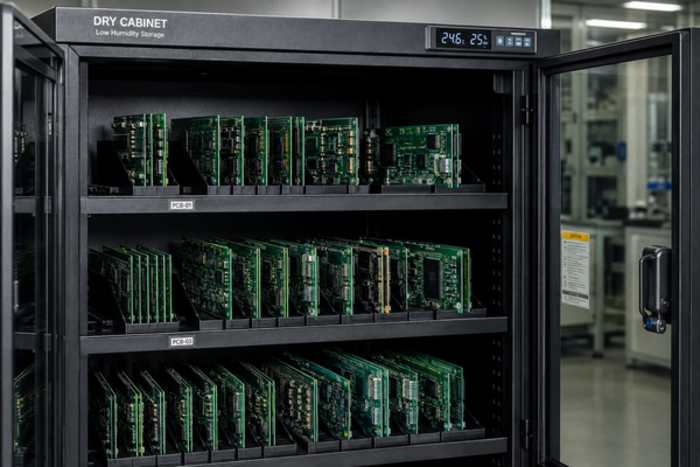 Hình ảnh Tủ bảo quản chống ẩm của SMARTIC dùng chứa bo mạch PCB, nhiều ngăn trong nhà máy sản xuất điện tử