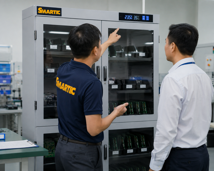 Hình ảnh tủ bảo quản chống ẩm SMARTIC, kỹ sư của chúng tôi đang hướng dẫn khách hàng cài đặt nhiệt độ độ ẩm