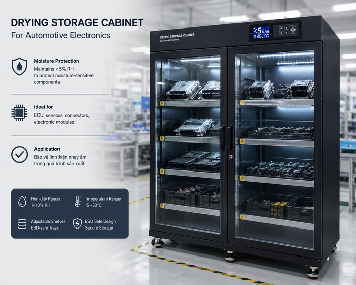 Ứng dụng Tủ bảo quản chống ẩm của SMARTIC dùng trong bảo quản các linh kiện điện tử của ô tô trong nhà máy sản xuất linh kiện ô tô