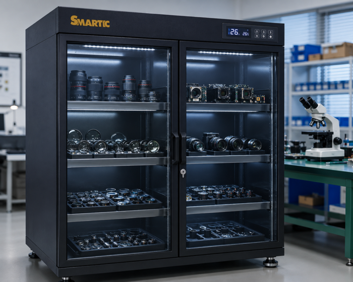 Ứng dụng Tủ bảo quản chống ẩm của SMARTIC dùng trong bảo quản linh kiện quang học, linh kiện camera trong nhà máy
